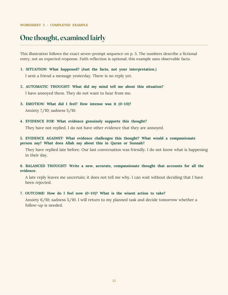 Current workbook page 35: fictional completed example about an unanswered message